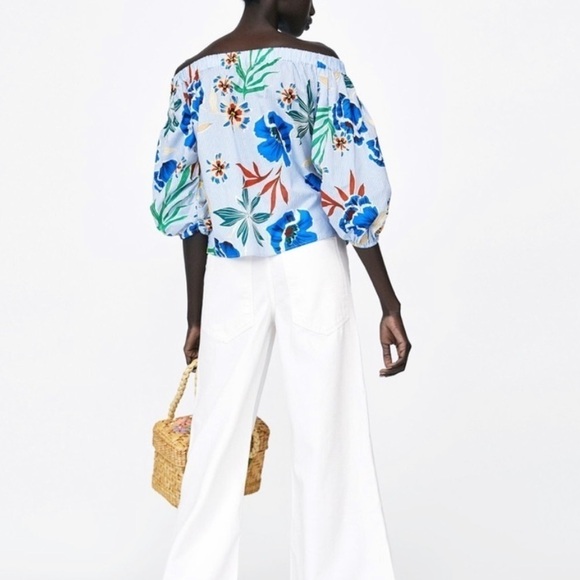 Zara Off Shoulder Tropical Balloon Sleeve Feminine top - Picture 3 of 6